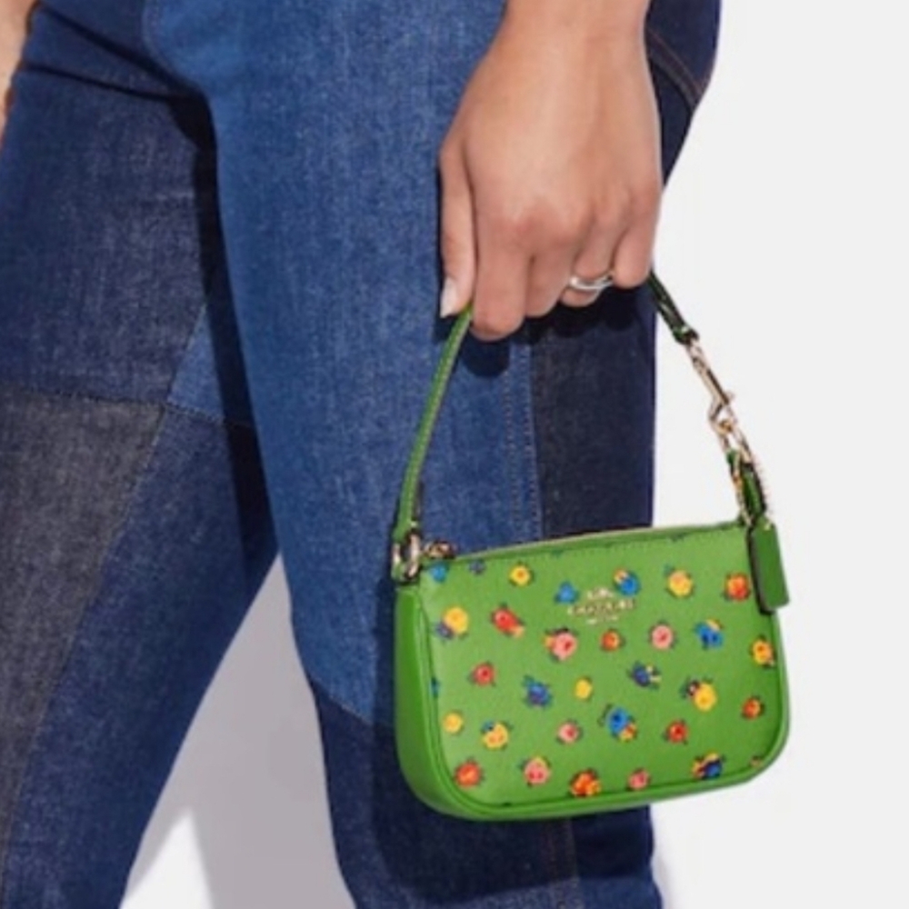 Cute! Coach Nolita 15 Mini Wristlet Bag Neon Green Vintage Rose Flowers C9931